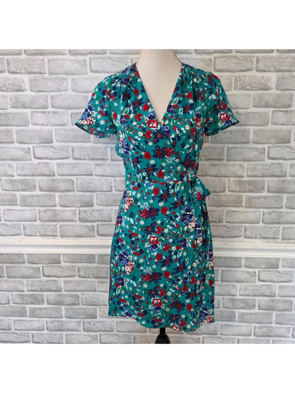 NWT J.Crew Teal Floral Wrap Dress V-Neck Side Tie Resort Garden Party XS